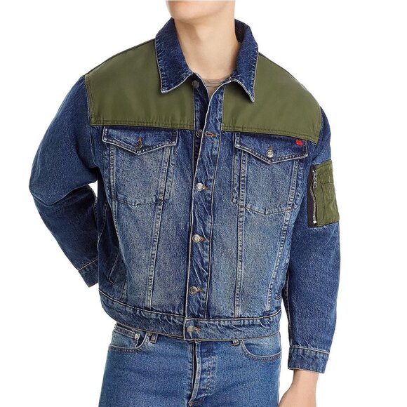 Hugo Boss Men's HUGO Mixed Media Denim Trucker Pocket Jacket Relaxed Fit Navy XL - Picture 1 of 6